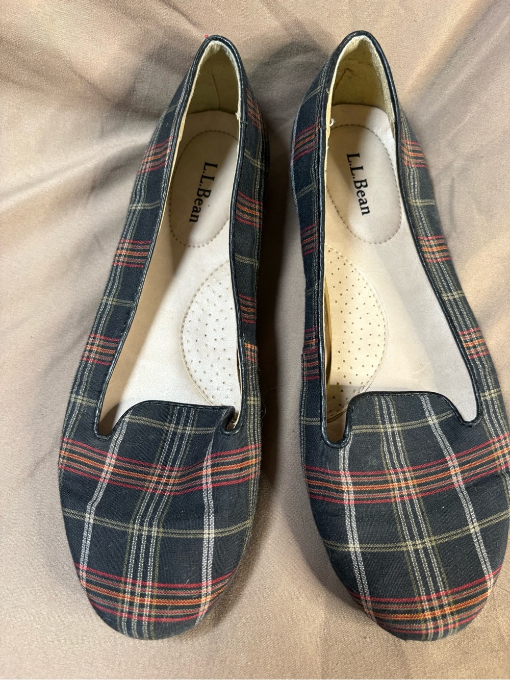 L.L. Bean Women's Black Plaid Slip-On Flats with Red Stripes